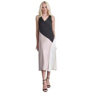 DKNY Womens Sleeveless Colorblock Midi Dress Black/Pink/Ivory Size 10 MSRP $139